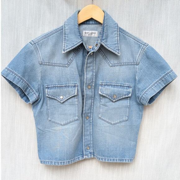 Saint Laurent Faded-Wash Contrast-Stitch Denim Cropped Shirt, size M - Picture 1 of 8